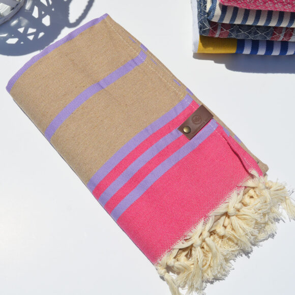 Beige/Fuchsia/Purple Stripes - Cotton Towel (Pestemal)
